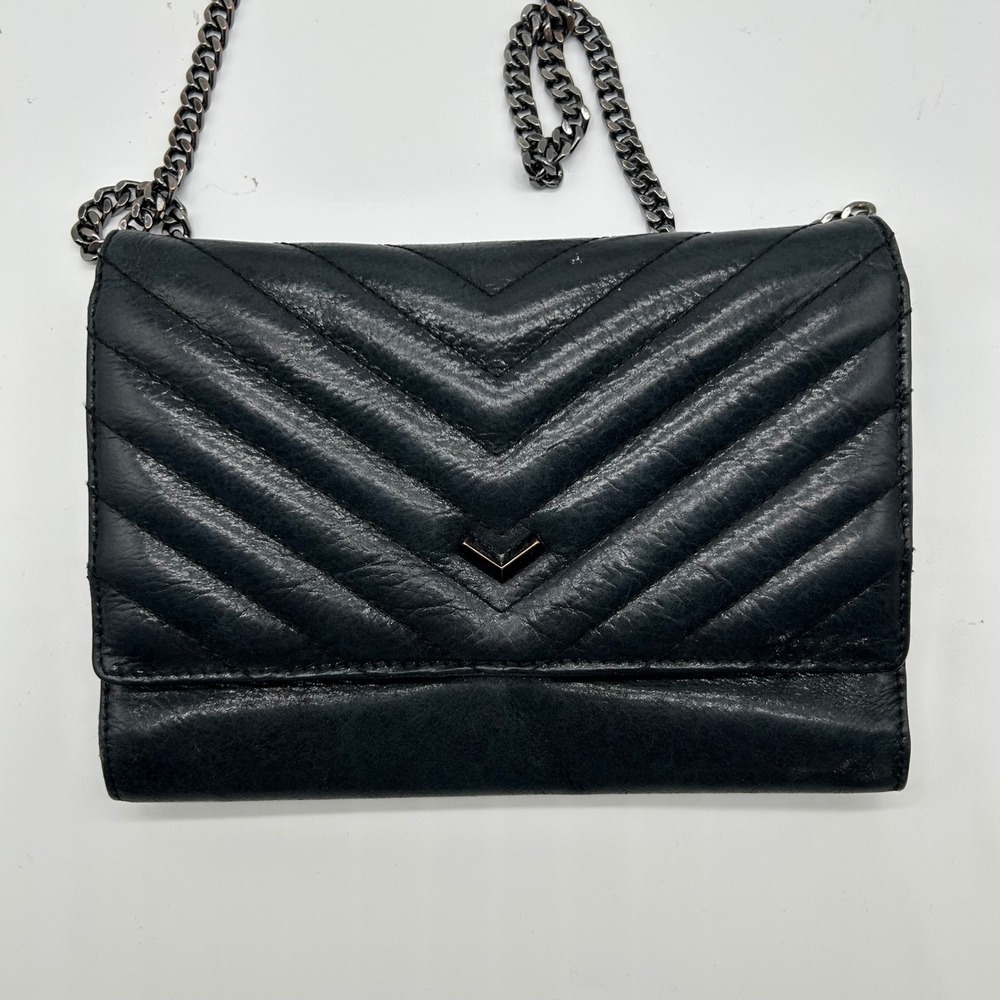 Bortkier‎ Black Leather Clutch Crossbody Chain Bag Chevron Quilted